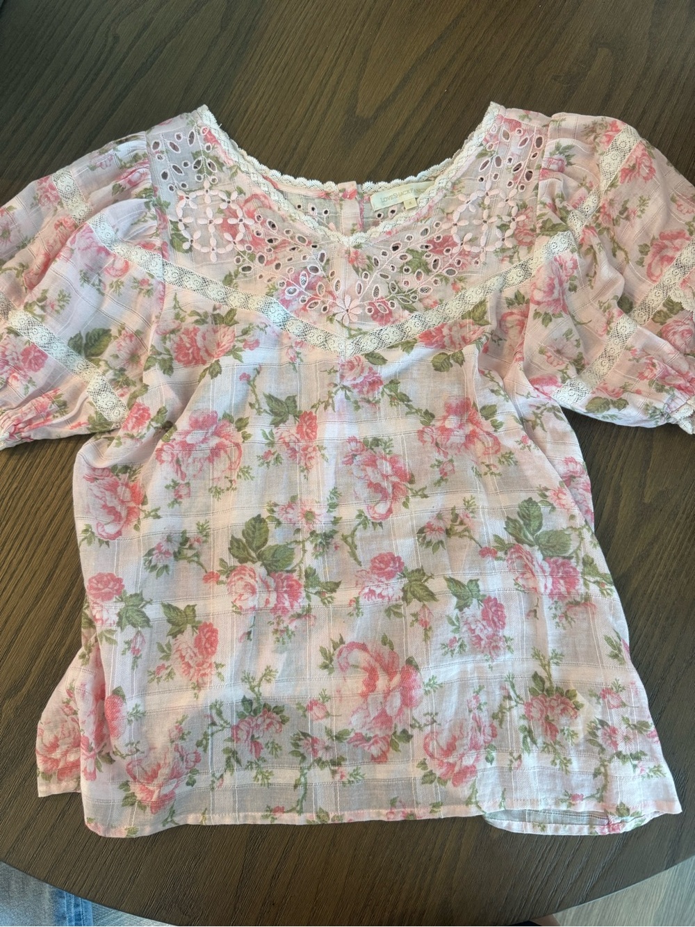 LoveShackFancy Pink Floral Eyelet Lace Blouse